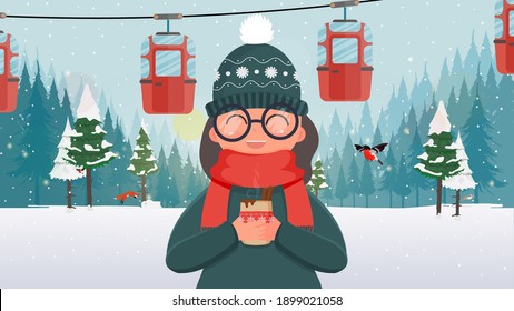 A girl in green clothes is holding a hot drink. Cable car with trailers in the winter forest. Funicular carriage. The forest is with deer and snow. Cartoon style. Vector