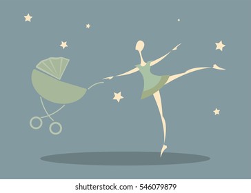 The girl in the green dress dancing with a green stroller under the starry sky.