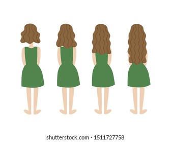 Girl in a green dress with different hair lengths. From square to long. Vector illustration on white background