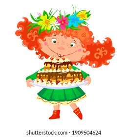 girl in green dress holding cake