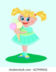 Girl in green dress holding ice cream. Vector illustration.