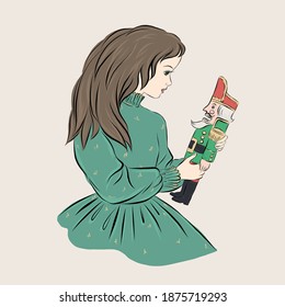 Girl in green dress holds nutcracker figurine. Vector illustration for Christmas card