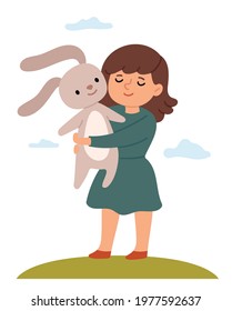 The girl in a green dress hugs a teddy rabbit. Carefree childhood. Best friends. Soft toy bunny. Cute book illustration.