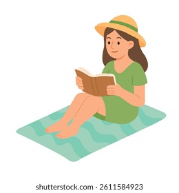 Girl in green dress peacefully reading a book on summer beach mat under sunny sky.