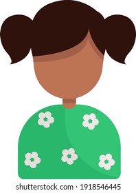 Chica con vestido verde y pigtails, ilustración, vector de fondo blanco.