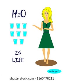A girl in a green dress shows that it is useful to drink 8 glasses of water a day. Healthy lifestyle. illustration.