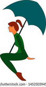 A girl is a green dress with a green umbrella, vector, color drawing or illustration.