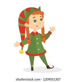 Girl in green elf costume. Cute character in christmas party outfit. Little Santa Claus helper. Isolated vector illustration in cartoon style