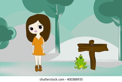 Girl and green flog in the garden 
