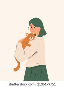 a girl with green hair holds a sleeping red cat in her arms