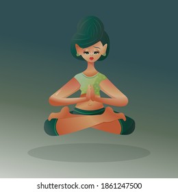 A girl with green hair meditates and relaxes.