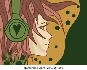 Girl with green headphones on a yellow background. Profile of a person. Character. Vector illustration