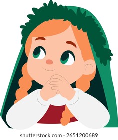 Menina Capuz Verde Contemplativa Pose Ilustração espiando, Feliz Dia de Santa Brígida