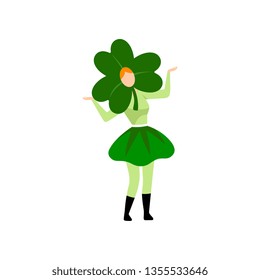 Girl in Green Irish Costume and Clover Shaped Headdress Celebrating Saint Patrick Day Vector Illustration