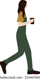 A Girl In A Green Jumpsuit Walks With Coffee