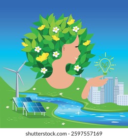 Girl with green leaves and yellow butterflies in her hair against the background of the city, wind turbines and solar panels. The image of green energy. Harmony of man and nature. Vector illustration.