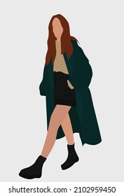 Chica con un abrigo verde largo y botas oscuras. Señora en pantalones cortos y suéter. Ilustración plana vectorial. Diseño para tarjetas, carteles, fondos, plantillas, textiles, avatares.