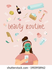 Girl in a green mask, with a glass of water with symbols of cosmetics, flowers. Lettering quote morning routine.  Banner concept about rituals of beauty, health, dextox at home. Vector illustration