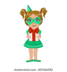 Girl In Green Mask Holding Present, Part Of Kids At The Birthday Party Set Of Cute Cartoon Characters With Celebration Attributes