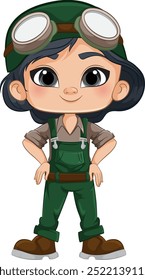 Girl in green overalls with goggles