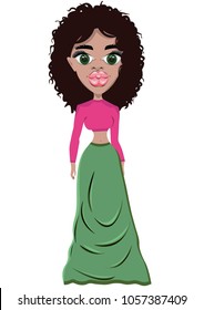 A girl in a green skirt and a pink t-shirt