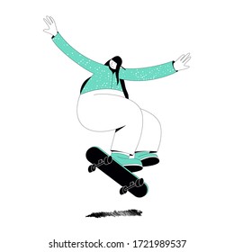 Girl in a green sweater jumps on a skateboard on a white background