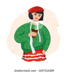 Girl in a green sweater and red beret with a cup of coffee enjoying every minute of life. Conscious consumption of coffee drink concept. Vector illustration. 