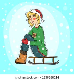 A girl in a green sweater sits on a sled in the winter. Vector.