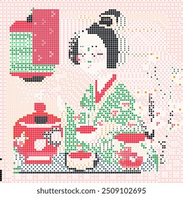 menina em verde roupas tradicionais beber chá matcha, mosaico vetor ilustração fundo