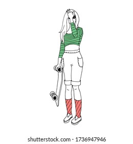 Girl in a green t-shirt, holding a skateboard, vector graphics