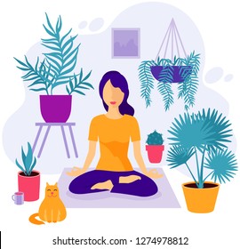 Girl at greenhouse or home garden with plants growing in pots. Relaxed young woman enjoying rest. Girl meditates. Trendy vector illustration in flat cartoon style. Urban jungle. Meditation at Home