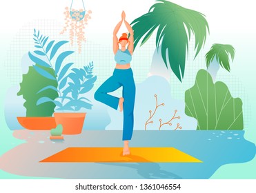 Girl at Greenhouse or Home Garden with Plants Stand in Yoga Asana. Relaxed Young Woman Enjoying Rest. Meditation. Urban Jungle. Meditation at Home, Healthy Lifestyle. Cartoon Flat Vector Illustration.