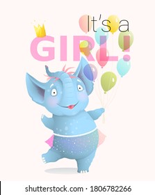 Its a Girl greeting card with baby elephant celebrating birthday. Cute newborn girl animal character with balloons and skirt, cheerful and happy. Vector 3d realistic artistic cartoon for kids events.