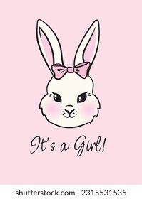 It's a girl greeting card for baby shower. Cute vector art of sweet bunny with a pink bow on the head. Nursery poster, print, decoration. 