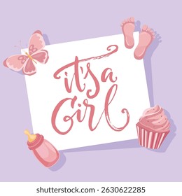 It's a girl greeting card for baby shower with cute newborn flat illustrations in pink colors, perfect for celebration and announcement