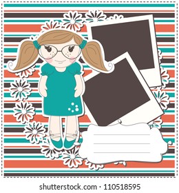 Girl greeting card with a cute girl , photo frame and place for text