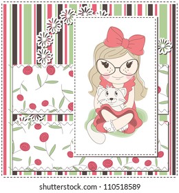 Girl greeting card with a cute girl and white kitten