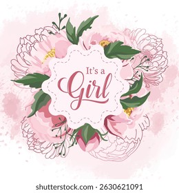 It's a girl greeting card decorated with beautiful pink peonies for baby announcement and celebration
