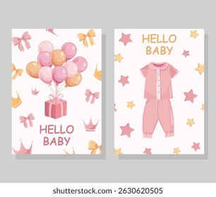 It's a girl greeting card with pink flat baby illustrations including clothes, bow, stars, and presents for newborn celebration