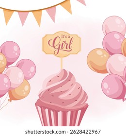 It's a girl greeting card with pink muffin, colorful balloons, and cute baby elements for newborn celebration and announcement