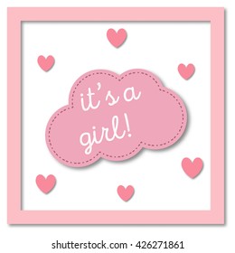 It's a girl. Greeting gift card. Baby shower invitation card. Vector paper card.