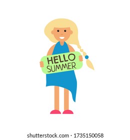 Girl with a greeting hello summer on white background. Eps10