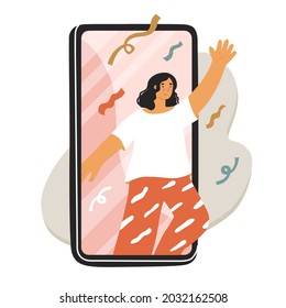 Girl greeting somebody through phone screen. Communication, chatting, internet talks, video conversation. Mobile online services. Vector illustration in flat style. Isolated on white background.