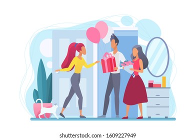 Girl greets guests flat vector illustration. Birthday party at home. People with presents. Hospitality, housewarming celebration. Hosting holiday event indoors. Friends cartoon characters