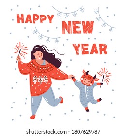 Girl greets the new year of the bull and has fun. sparklers and christmas decoration. The funny bull is happy with the holiday. Vector illustration in scandinavian style.