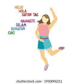 A girl greets you in different languages on white isolated background, isolated woman speaking hello in German, Italian, Spanish languages in Flat design style for prints, posters, postcards, icons.