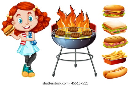 Girl and grill stove with food illustration