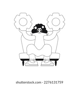 Girl griping gears; linear vector illustration.