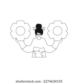 Girl grips cogs in hands. Vector art shows linearstyle.