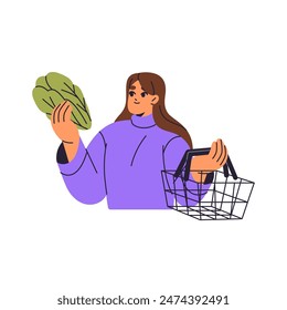 Chica con la cesta de la compra en la mano elige comida sana. El Cliente compra productos orgánicos, verduras en la tienda. El comprador tiene vegetación natural de la granja, ensalada. Ilustración vectorial aislada plana sobre fondo blanco